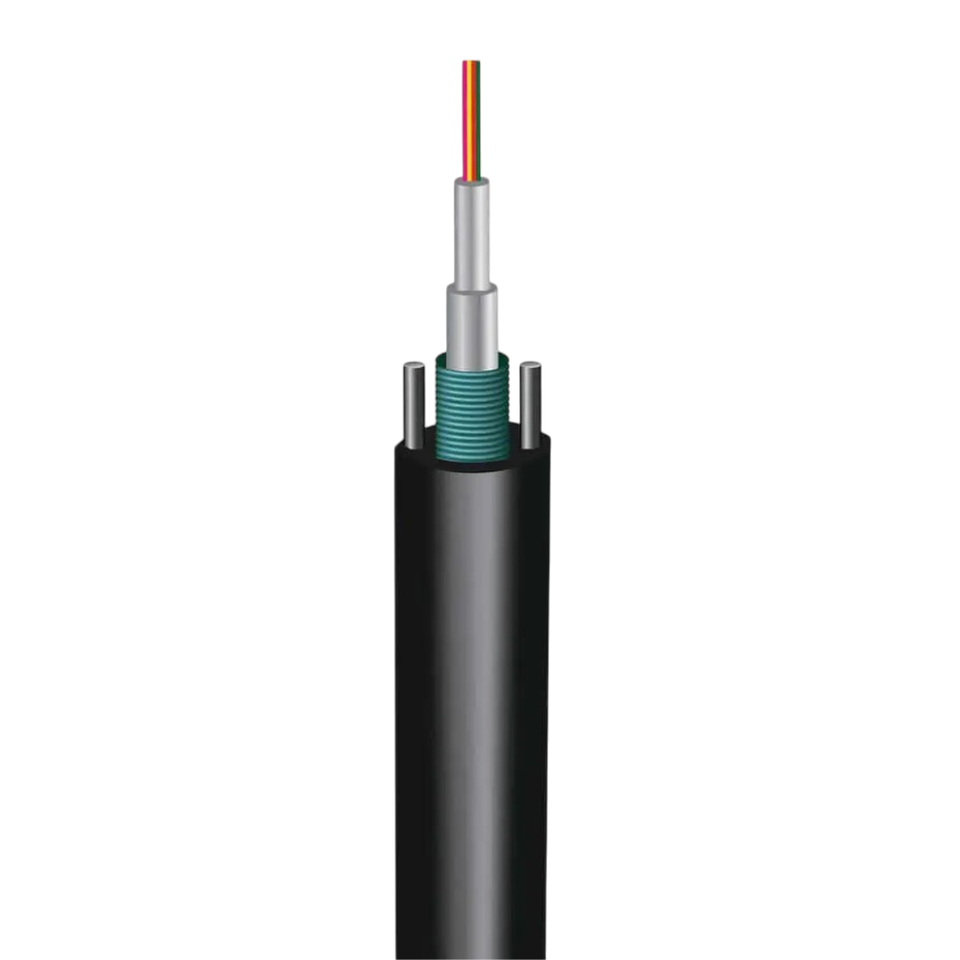 Cross-section view of 8 core single mode armored fiber cable showing steel armor and outer jacket