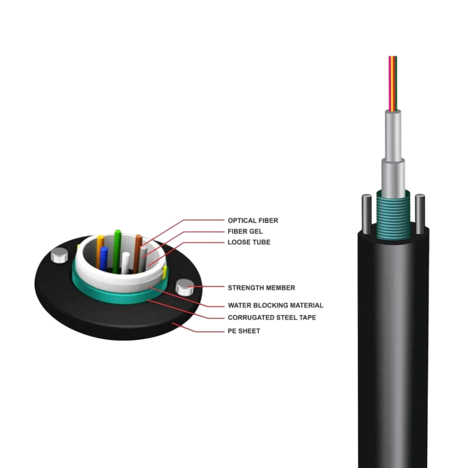8 Core Single Mode Indoor Outdoor Armored Fiber Optic Cable spool and cut assembly