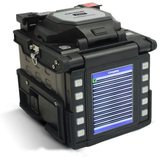 Close-up of the ultra-precision ceramic V-groove and original electrodes inside the COMWAY C10R splicer.