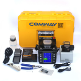 COMWAY C10R ribbon fusion splicer kit including carrying case, battery, cleaver, and fiber stripper.