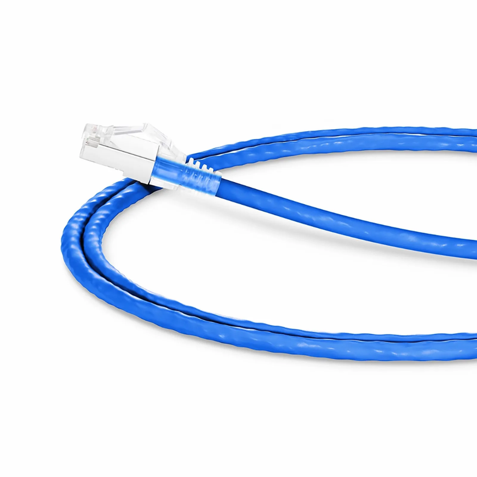 Close-up view of the shielded RJ45 connector and braided foil shielding on a Cat6A S/FTP cable.