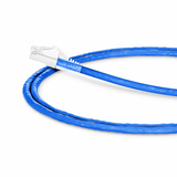 Close-up view of the shielded RJ45 connector and braided foil shielding on a Cat6A S/FTP cable.