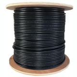 Close-up view of the shielded RJ45 connector and robust outer sheath on a Cat6A direct burial network cable.