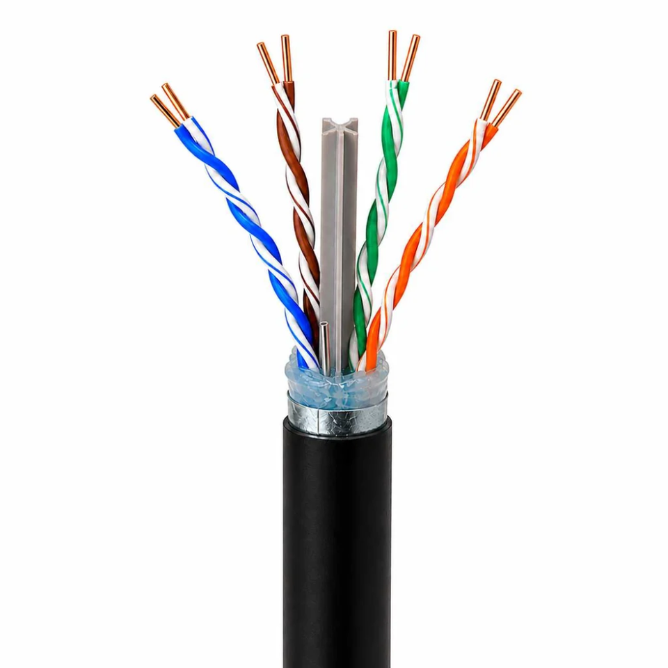 Cat6A Shielded Outdoor Direct Burial Water-Resistant Patch Cord showing thick protective jacketing and shielded RJ45 plugs.