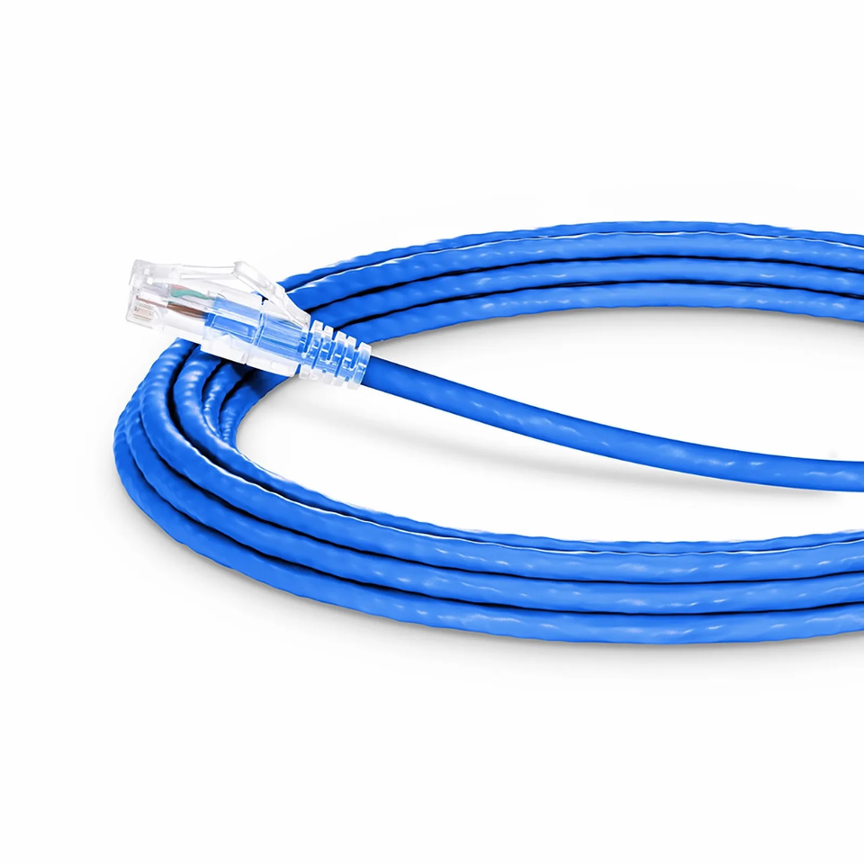 Close-up view of the snagless RJ45 connector and Low Smoke Zero Halogen jacket on a Cat6A UTP patch cord.