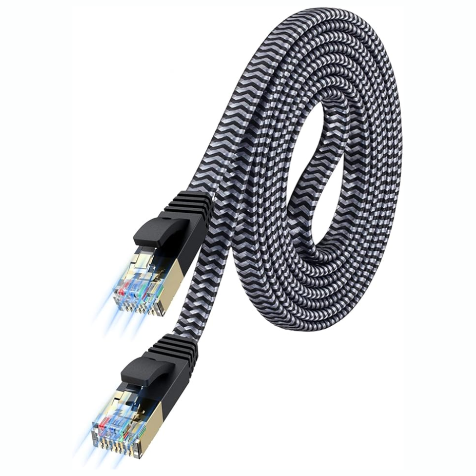 Cat7 S/FTP Braided Nylon Heavy-Duty Cable showcasing rugged textured exterior and gold-plated shielded connectors.