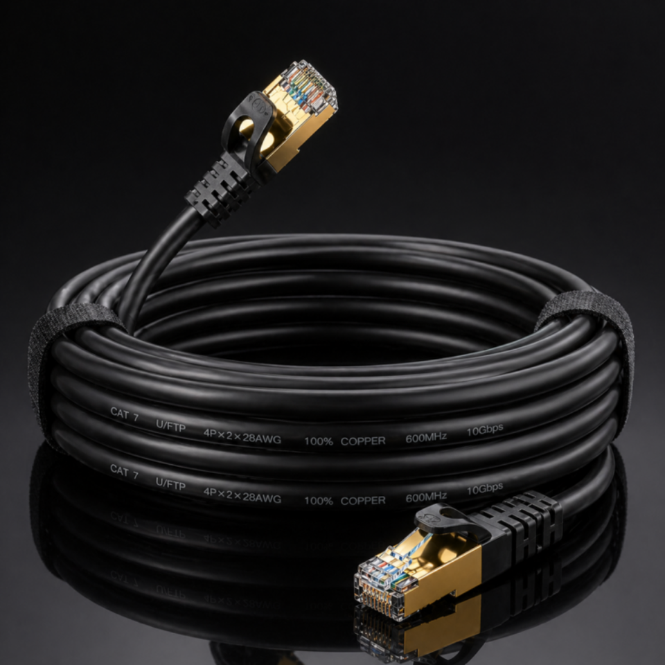 Cat7 S/FTP Flat Shielded Ethernet Cable showcasing ultra-slim profile and gold-plated connectors.