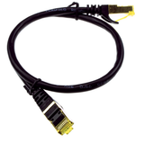 Close-up view of the metal shielded RJ45 connector and individual pair foil wrapping on a Cat7 patch cable.