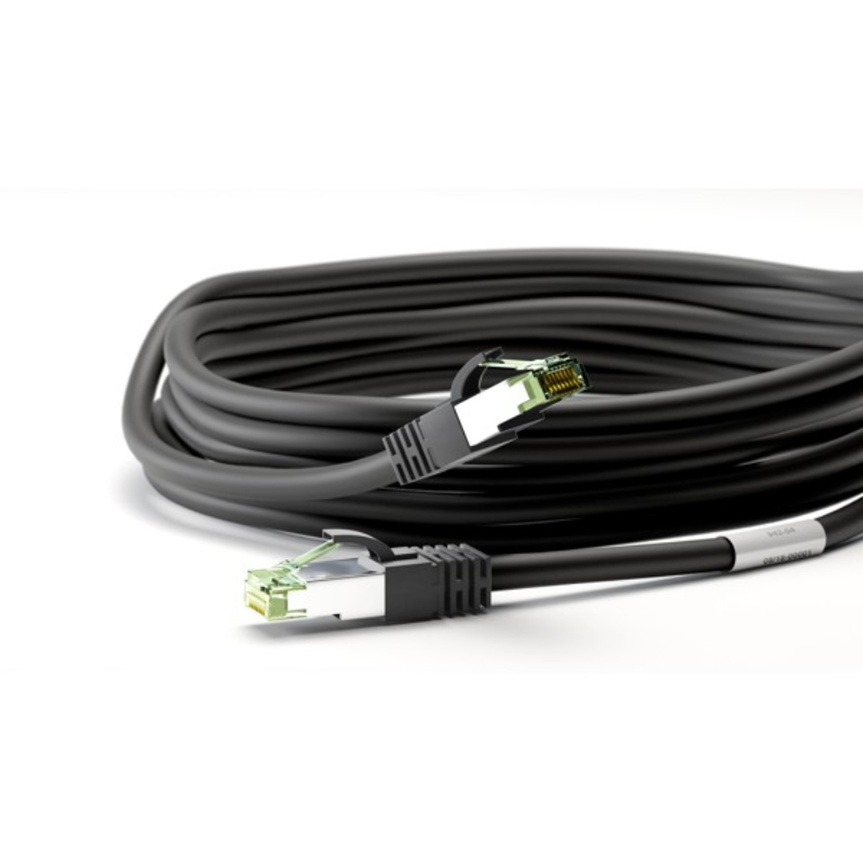 Cat8.1 S/FTP Heavy-Duty Metal Connector Braided Patch Cord showing robust nylon sleeve and metal RJ45 plugs.