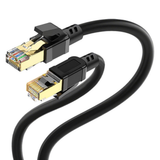 Close-up view of the gold-plated shielded connector and individual pair shielding on a Cat8 40G patch cable.