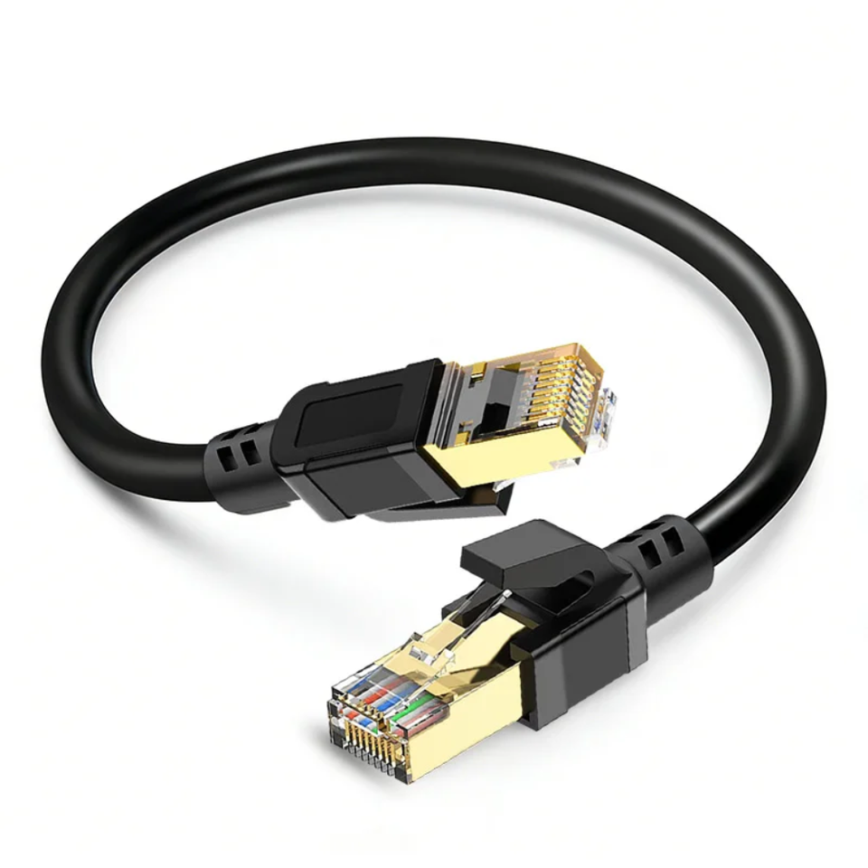 Cat8 Ultra High-Speed Patch Cord showing heavy-duty metal shielded RJ45 connectors and robust jacket.