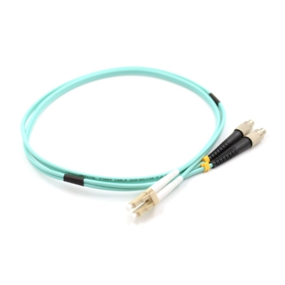 Close-up of threaded FC/UPC and push-pull LC/UPC hybrid connectors on OM3 multimode fiber patch cable