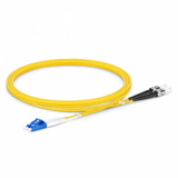 Close-up of FC/UPC and LC/UPC connectors on single mode simplex fiber optic jumper cable