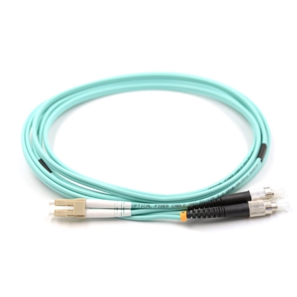 FC/UPC to LC/UPC OM3 Multimode Duplex Fiber Patch Cord connected for hybrid network infrastructure