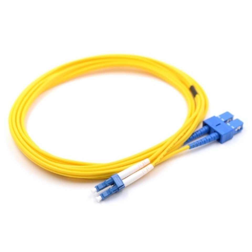 Close-up of blue LC/UPC and SC/UPC hybrid connectors on single mode duplex fiber patch cable