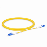 Close-up of blue LC/UPC connectors on a single mode simplex fiber patch cable