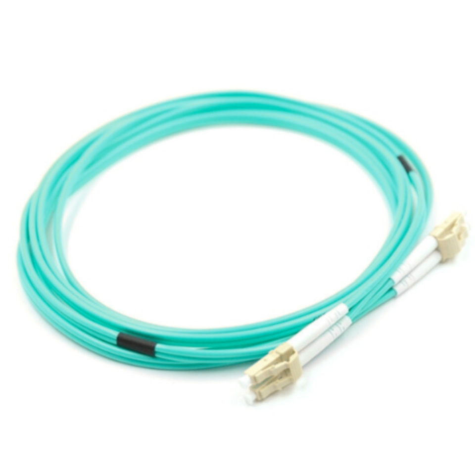 Close-up of aqua-colored LC/UPC duplex connectors on OM3 multimode fiber patch cable