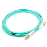 Close-up of aqua-colored LC/UPC duplex connectors on OM3 multimode fiber patch cable