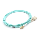 Close-up of aqua-colored LC/UPC and SC/UPC hybrid connectors on OM3 multimode fiber patch cable