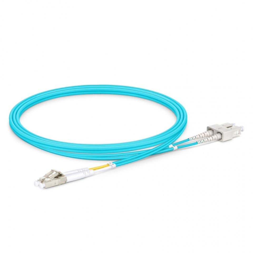 Close-up of push-pull LC/UPC and snap-in SC/UPC hybrid connectors on OM4 multimode fiber patch cable