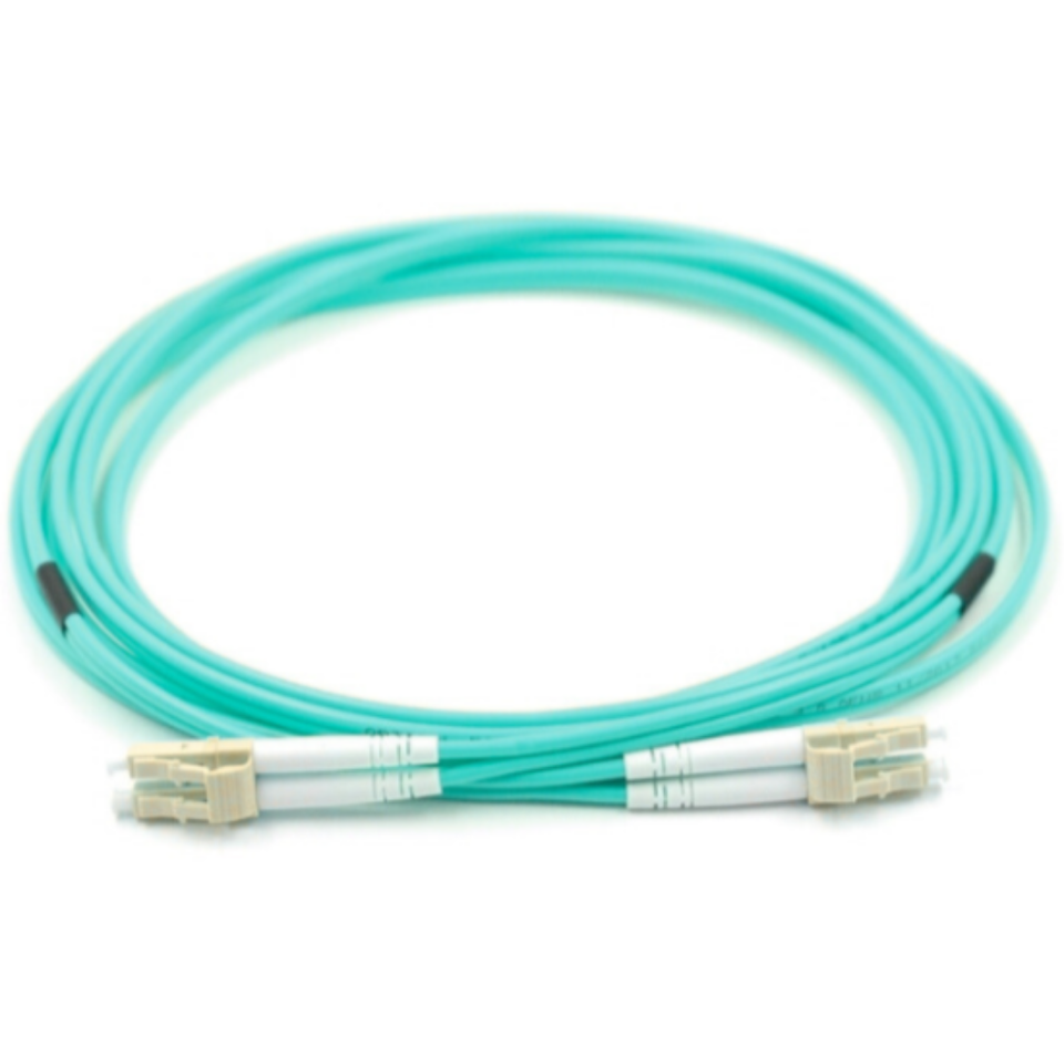 LC/UPC to LC/UPC OM4 Multimode Duplex Fiber Patch Cord connected for ultra-high-speed network infrastructure