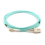 LC/UPC to SC/UPC OM3 Multimode Duplex Fiber Patch Cord connected for hybrid network infrastructure