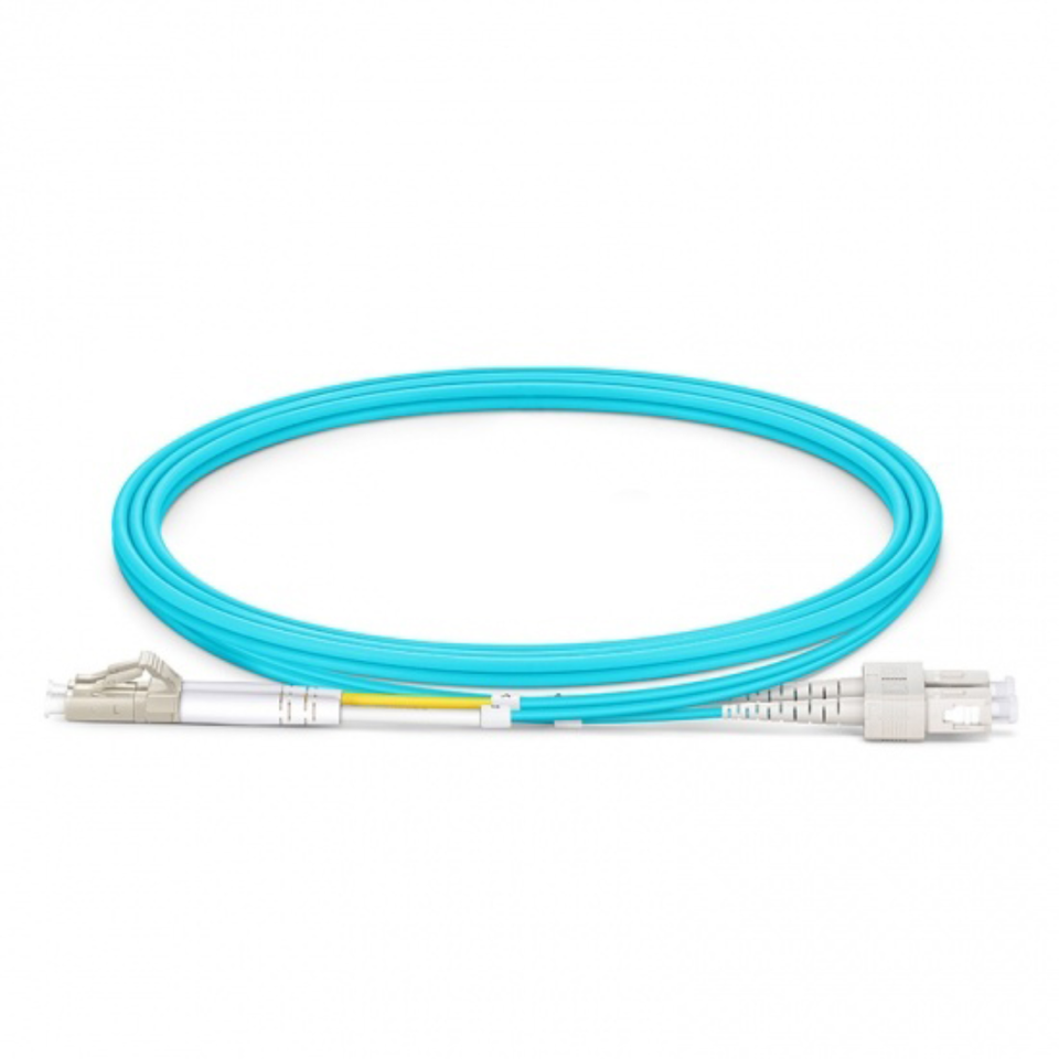 LC/UPC to SC/UPC OM4 Multimode Duplex Fiber Patch Cord connected for hybrid network infrastructure