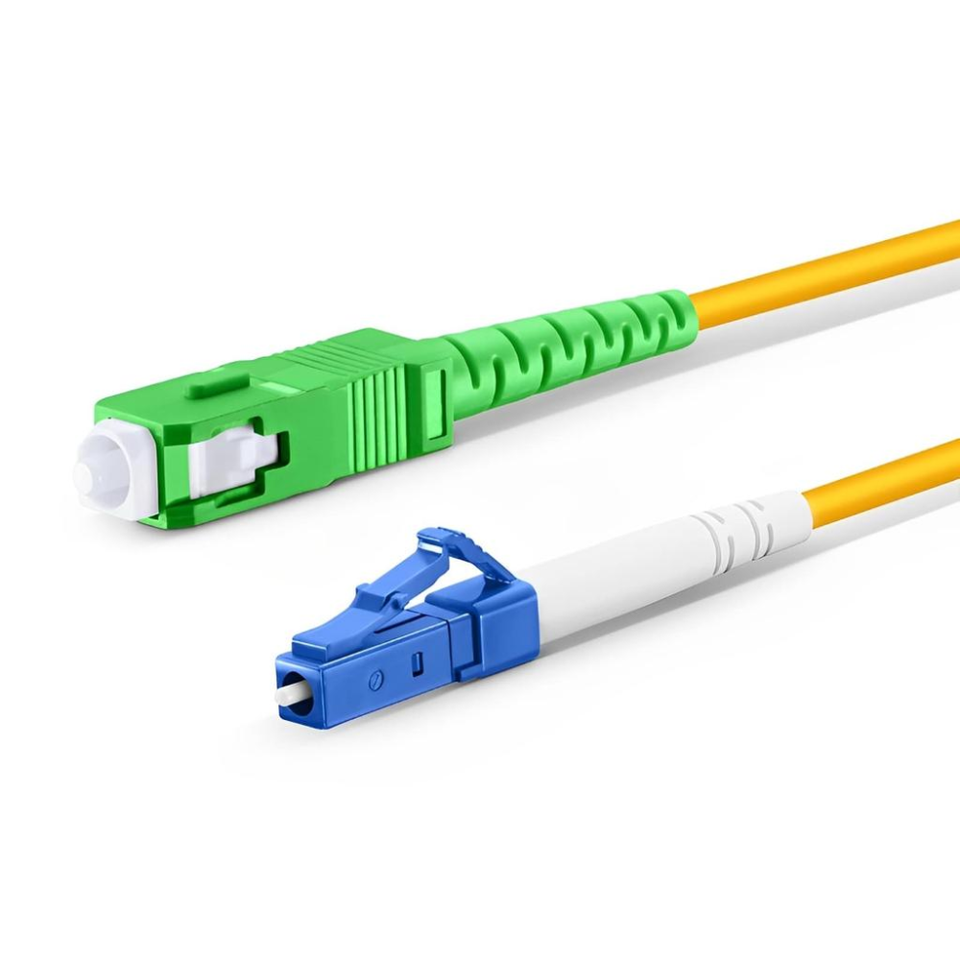 Close-up of SC/APC and LC/UPC connectors on single mode simplex fiber optic jumper cable
