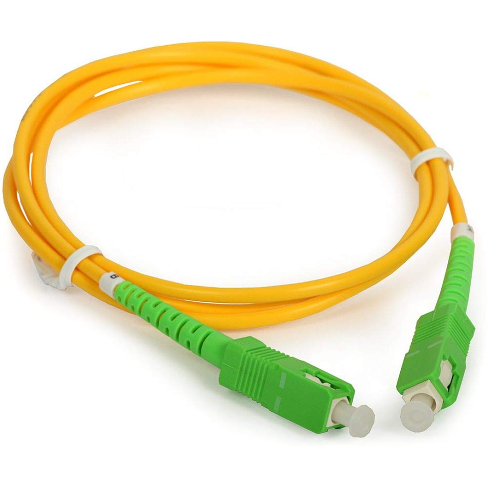 Coiled yellow OS2 single mode fiber patch cord available in various standard lengths