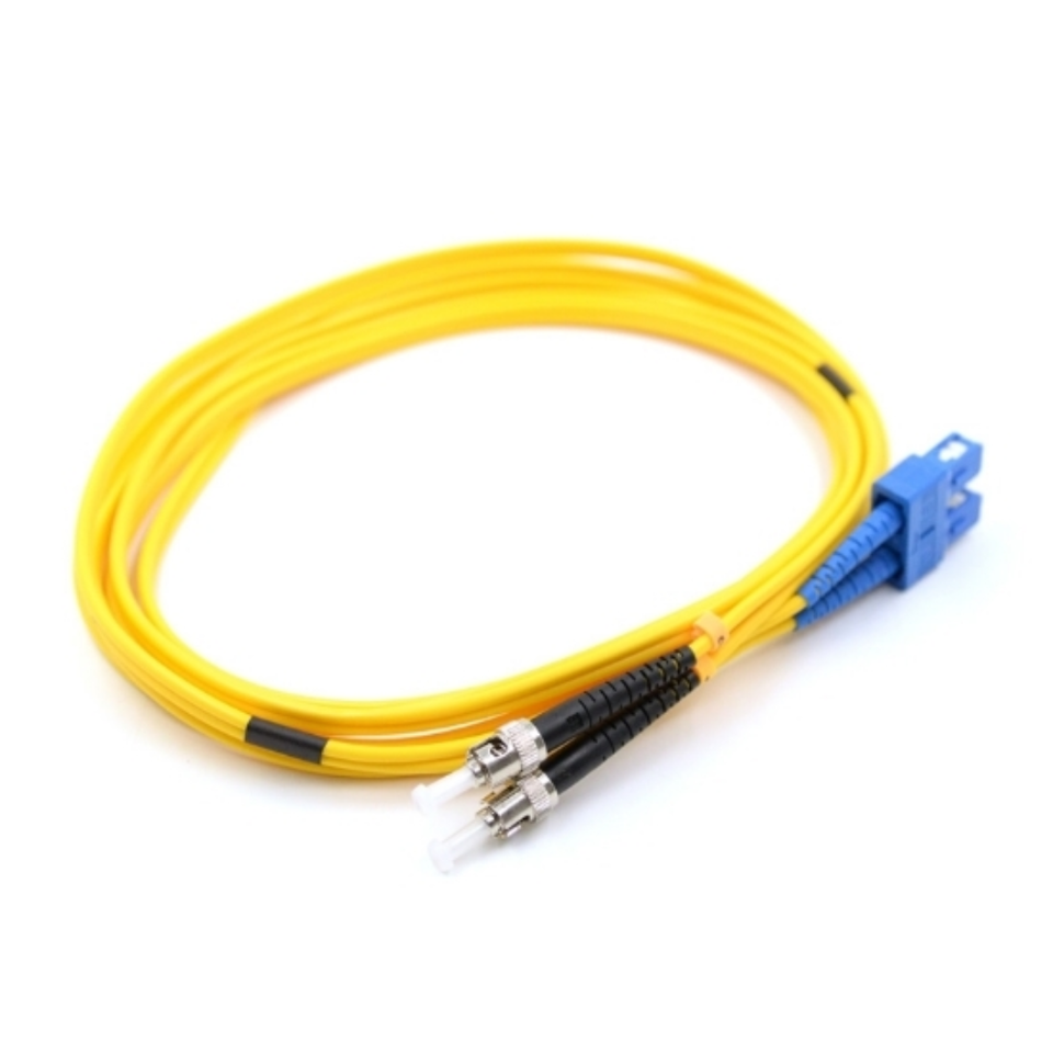 Close-up of blue SC/UPC and bayonet ST/UPC hybrid connectors on single mode duplex fiber patch cable
