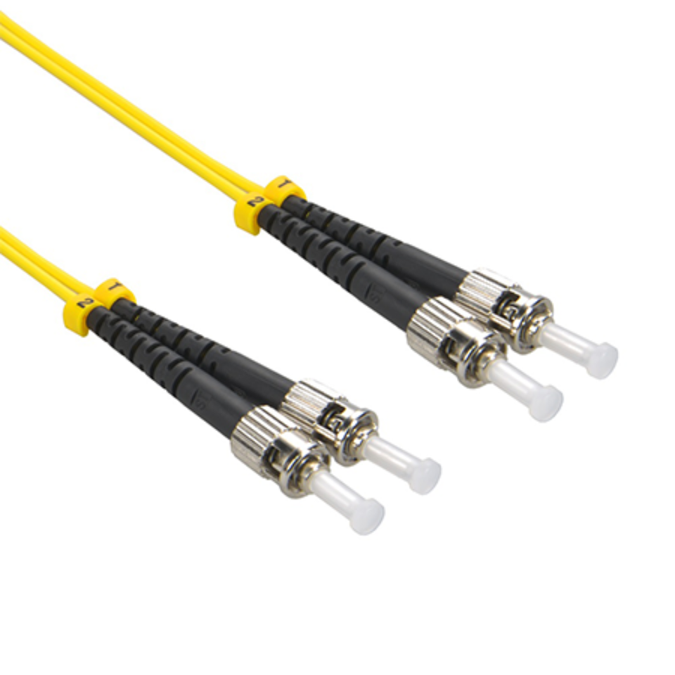Close-up of twist-lock ST/UPC metal bayonet connectors on single mode duplex fiber patch cable