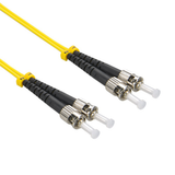 Close-up of twist-lock ST/UPC metal bayonet connectors on single mode duplex fiber patch cable