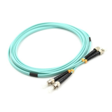 Close-up of bayonet ST/UPC duplex connectors on OM3 multimode fiber patch cable