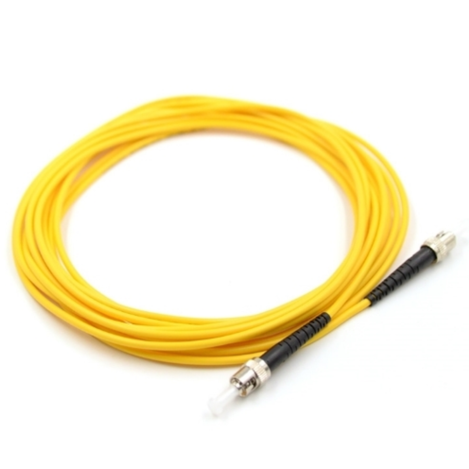 Close-up of ST/UPC bayonet connectors on single mode simplex fiber optic jumper cable