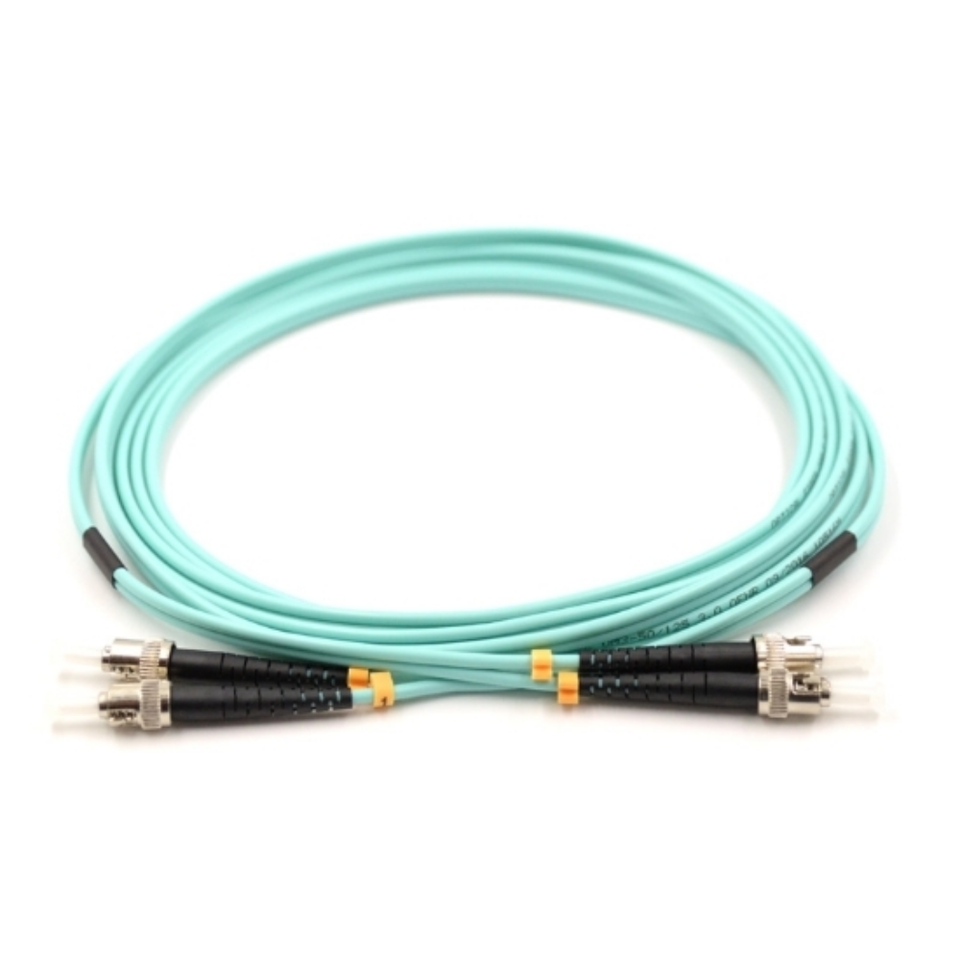 ST/UPC to ST/UPC OM3 Multimode Duplex Fiber Patch Cord connected for high-speed network infrastructure